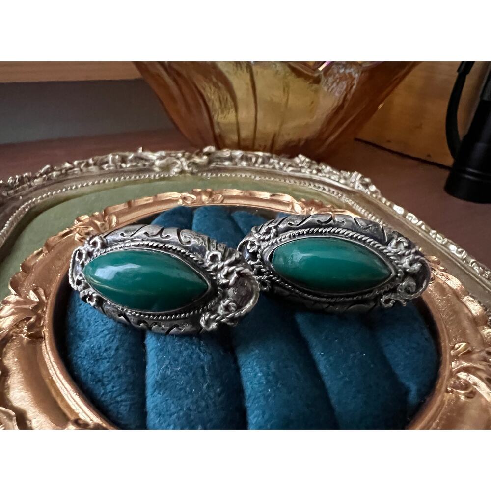 Vintage Signed Zevahc Chavez Sterling Earrings Mexico Green Cabochon Screw Backs